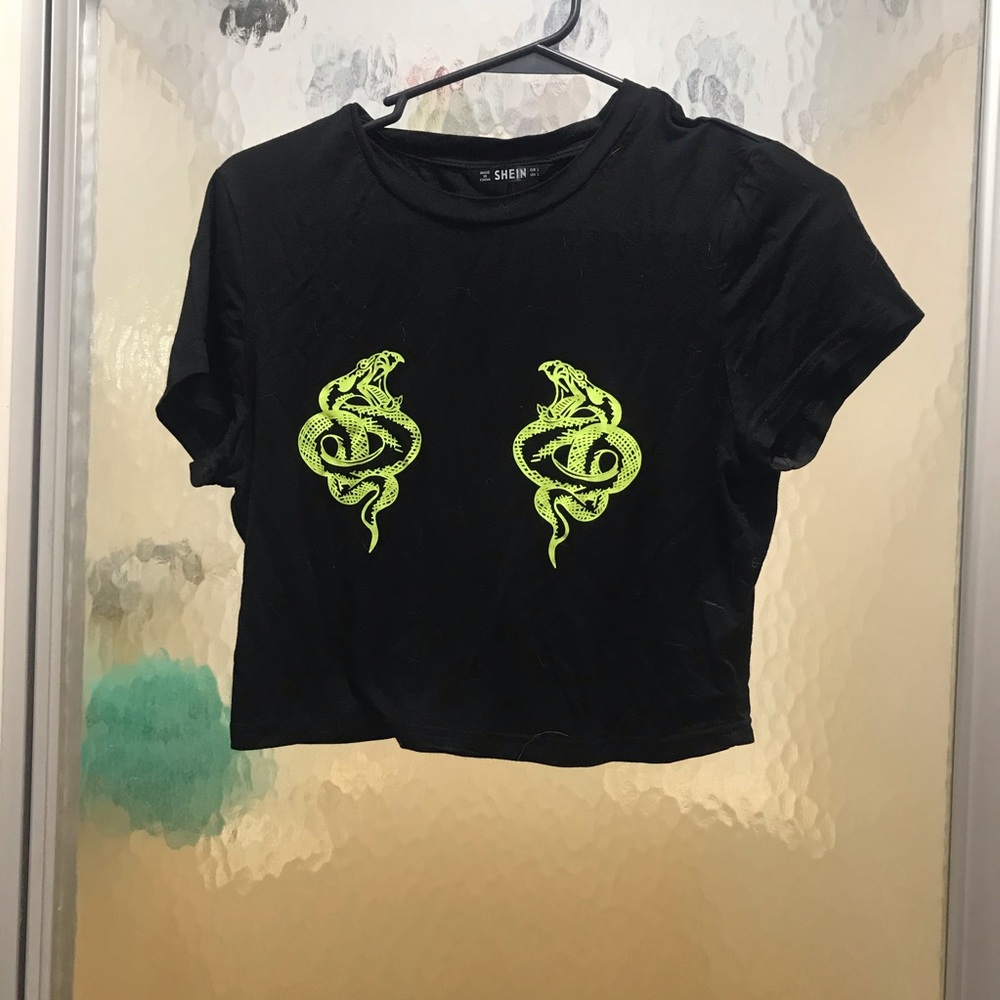 Black Crop Top with Green Snake Accents L
